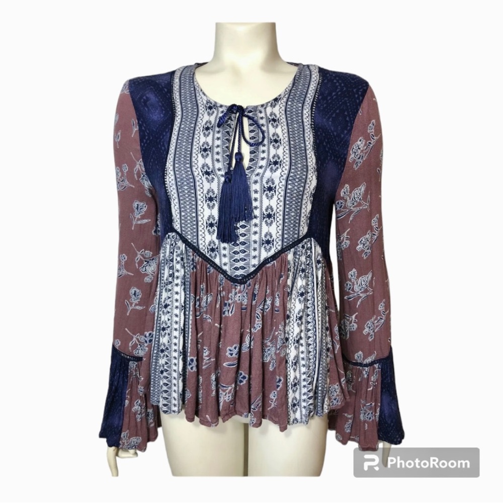 Vintage Havana Peasant Boho Bell Sleeve Navy Blouse - Picture 1 of 8